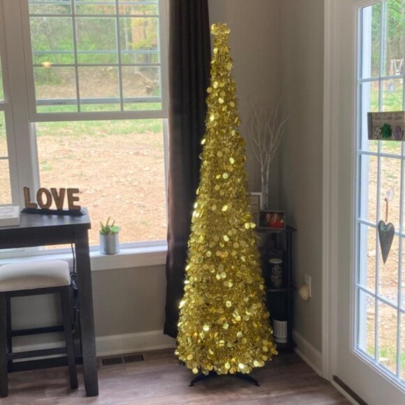 5FT Gold Christmas Pop Up Tinsel Tree Holiday Decor Collapsible - Picture 4 of 4
